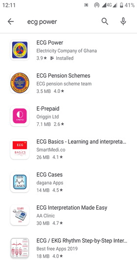 Searching for the ECG Power app on PlayStore